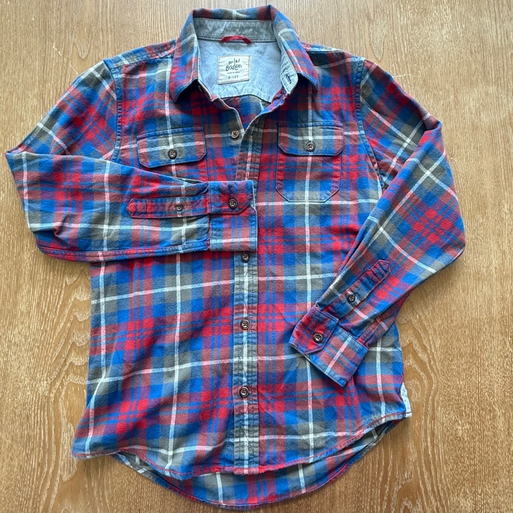 Mini Boden Boys Blue Red Plaid Flannel Button Down Shirt Size 9-10Y